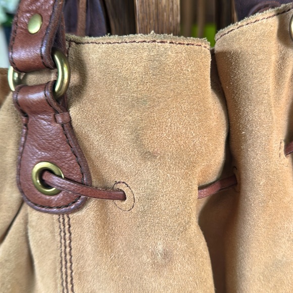 Tan Suede Bucket Bag with Brown Leather Accents - Picture 9 of 9
